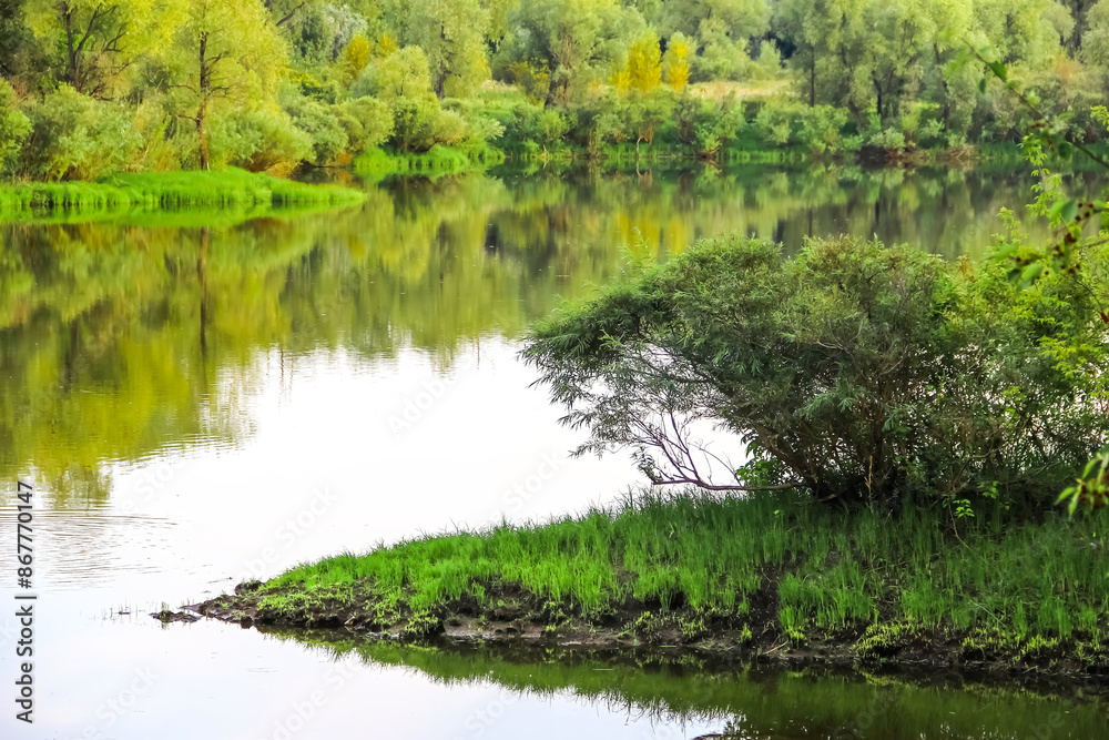Small peninsula overgrown with greenery near a calm river on an overcast day Small peninsula overgrown with greenery near a calm river on an overcast day