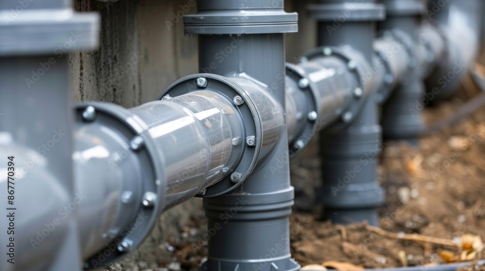 A close-up of gray plastic pipes connected with screws and running along a concrete wall A close-up of gray plastic pipes connected with screws and running along a concrete wall