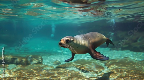 Close-up view of a sea lion gracefully swimming underwater, Ai generated image