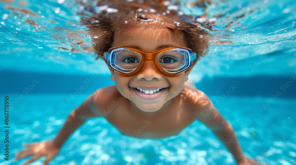 Fototapeta premium Happy dark-skinned child swims with goggles underwater in the pool