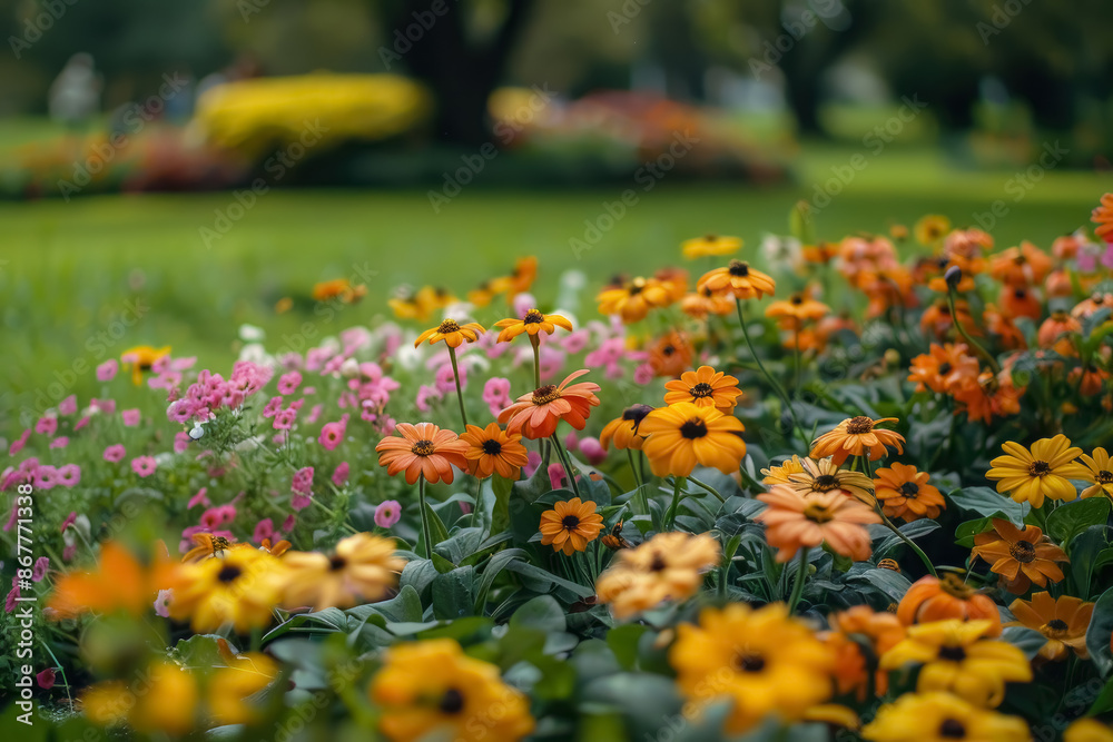 Orange and yellow flowers in the park grow on a beautiful lawn Orange and yellow flowers in the park grow on a beautiful lawn