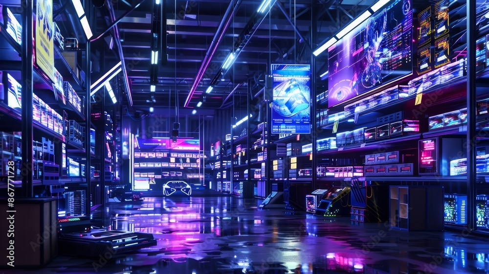 Futuristic High-Tech Warehouse with Neon Lights - Generative AI Futuristic High-Tech Warehouse with Neon Lights - Generative AI