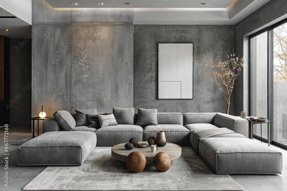Modern Minimalist Living Room with Grey Sofa, Abstract Decor, and Natural Lighting Modern Minimalist Living Room with Grey Sofa, Abstract Decor, and Natural Lighting