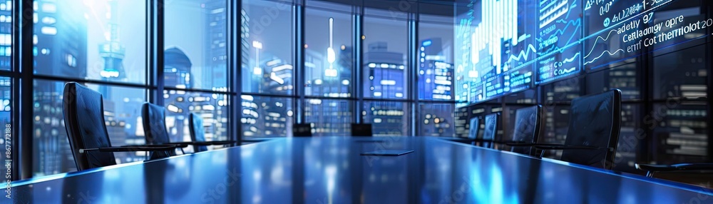 Modern empty office conference room at night with cityscape view through the large glass windows and sleek furniture. Modern empty office conference room at night with cityscape view through the large glass windows and sleek furniture.