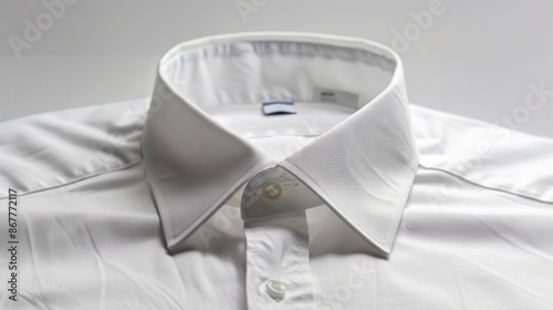 A white cotton dress shirt with a crisp collar laid flat on a white surface © Shahjahan