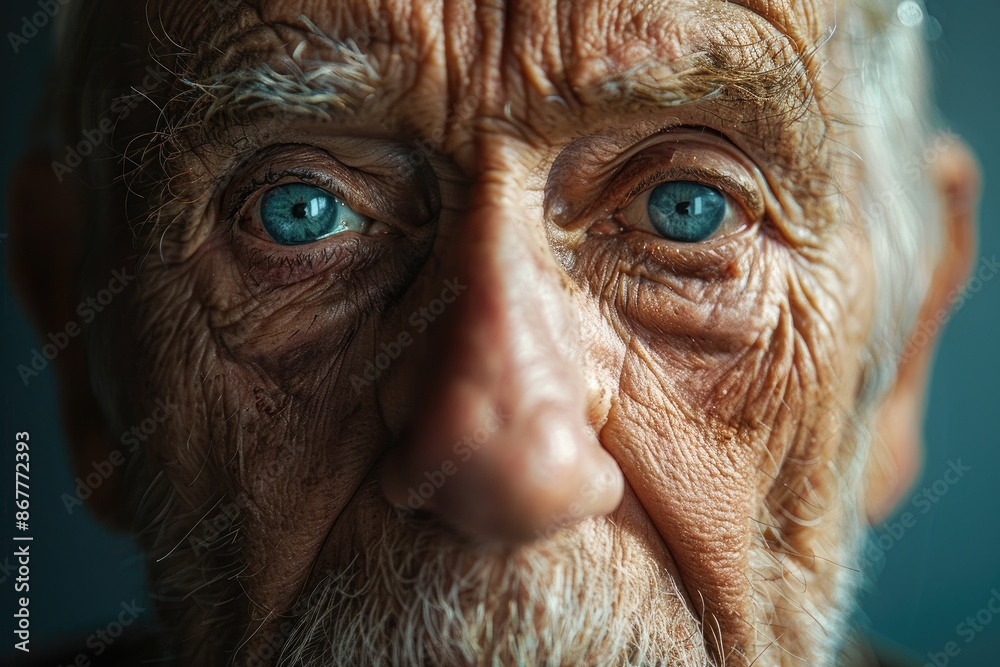 Close-up Portrait of Elderly Man with Blue Eyes Showcasing Wrinkles and Aging Details Close-up Portrait of Elderly Man with Blue Eyes Showcasing Wrinkles and Aging Details
