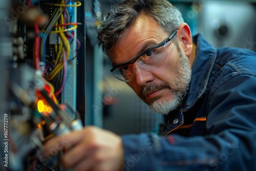 Close-up shots of the mature Caucasian male technician demonstrating the use of wire cutters for oven installation and repair in workshop. photo