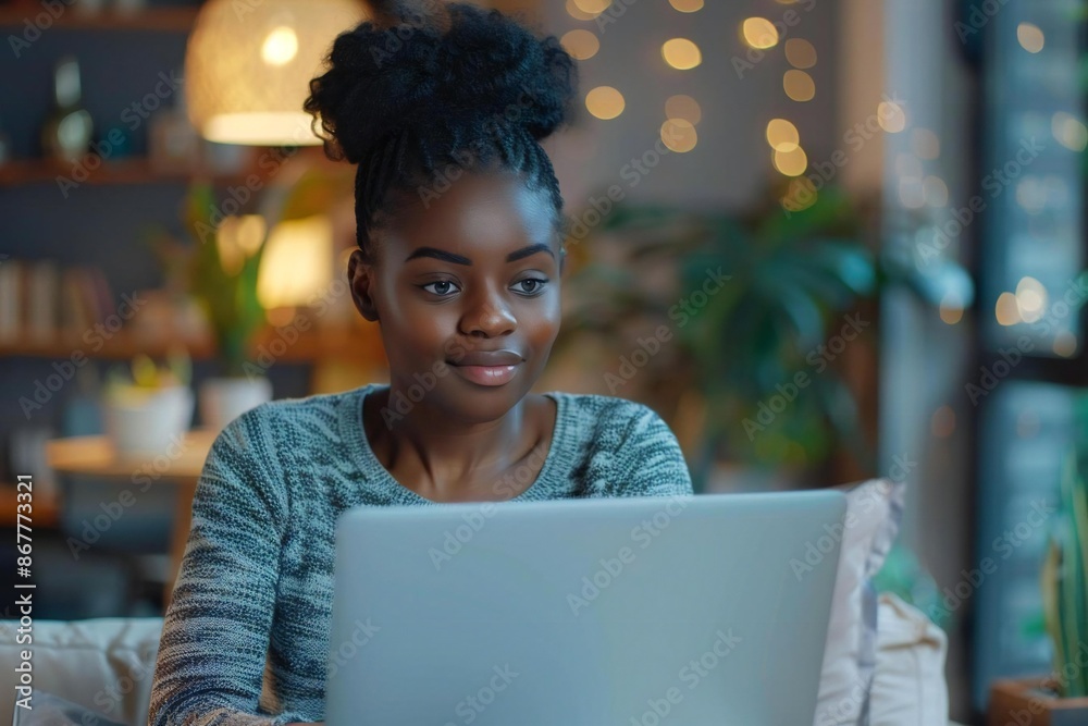 Full body photo of young African American woman interior designer brainstorming ideas using laptop in modern living room. Full body photo of young African American woman interior designer brainstorming ideas using laptop in modern living room.