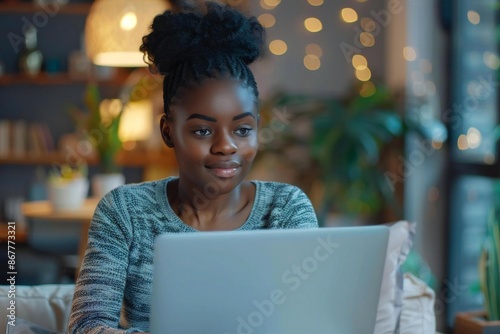 Full body photo of young African American woman interior designer brainstorming ideas using laptop in modern living room. photo