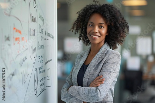 Full body photo of female African American professional brainstorming using whiteboard in office