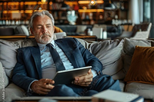 Full body photo of mature Caucasian businessman relaxing on the couch using a tablet in a cozy living room
