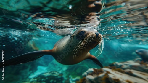 Close-up view of a sea lion gracefully swimming underwater, Ai generated image photo