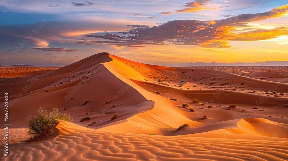 Illustration of sand dunes in the Sahara Desert, with sunlight in the background. Ai generated image Illustration of sand dunes in the Sahara Desert, with sunlight in the background. Ai generated image