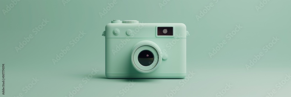 Fototapeta premium Mobile Apps, a minimalistic 3D camera app icon on a pastel green background, highlighting photography