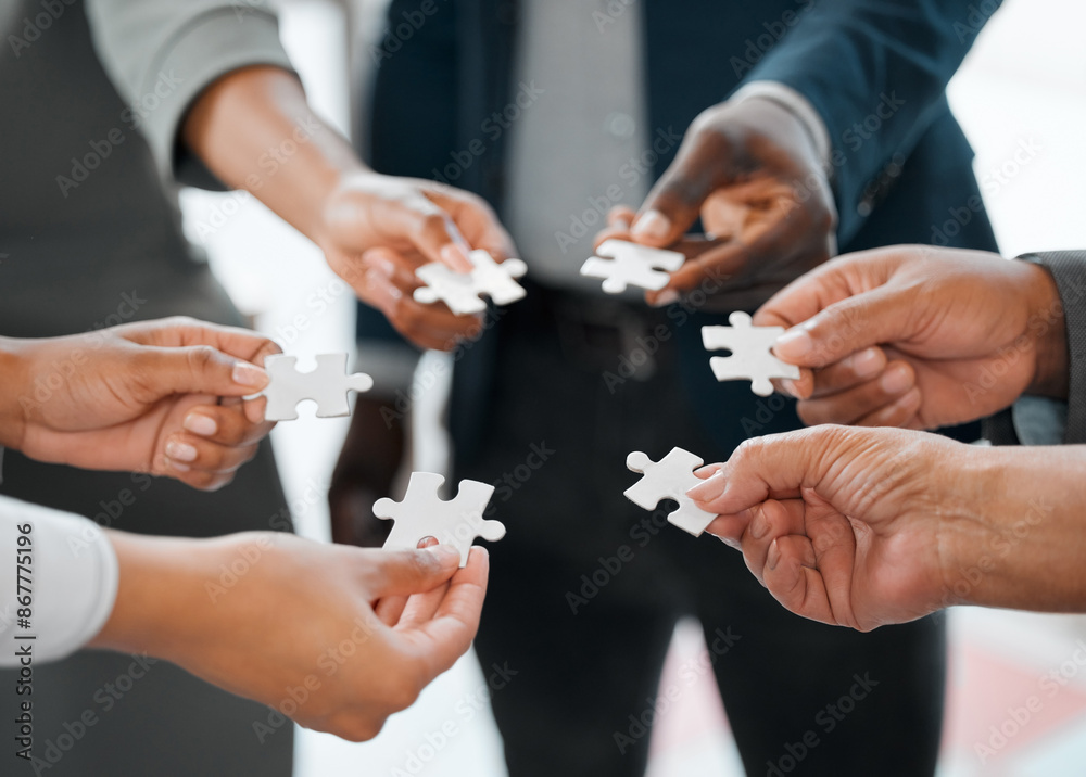 Hands, business people and team with puzzle piece for solidarity, synergy and connection together. Jigsaw, group and worker with trust for collaboration, cooperation and problem solving for solution Hands, business people and team with puzzle piece for solidarity, synergy and connection together. Jigsaw, group and worker with trust for collaboration, cooperation and problem solving for solution