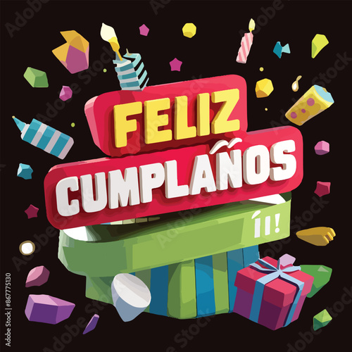Feliz cumple and Feliz cumpleaños sign  Happy Birthday vector in Spanish language, Birthday party celebration gift  with birthday cake candle colorful balloons best congratulation on light background