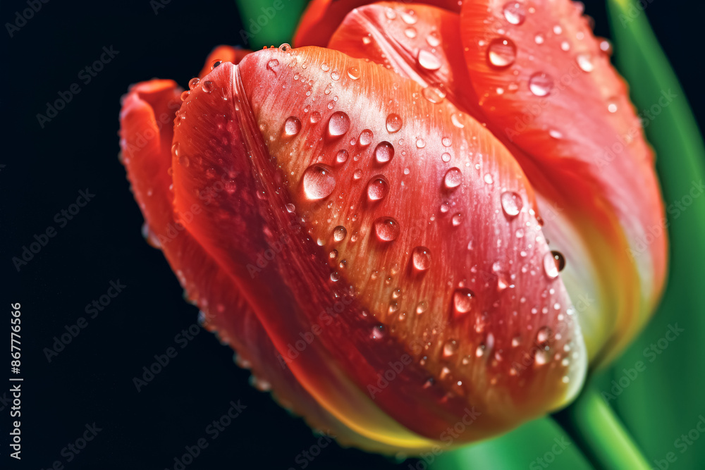 A close up of a red flower with water droplets on it. The droplets are small and scattered, giving the flower a delicate and almost ethereal appearance. The flower is the main focus of the image A close up of a red flower with water droplets on it. The droplets are small and scattered, giving the flower a delicate and almost ethereal appearance. The flower is the main focus of the image