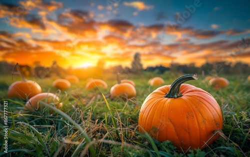 Pumpkins in farm field with sunrise background. Autumn harvest season. Organic farm products concept. Agriculture and farming. Banner with copy space