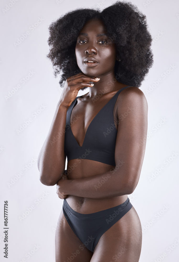 Φωτογραφία Black woman, portrait and healthy body in studio with underwear for fitness, training and wellness glow