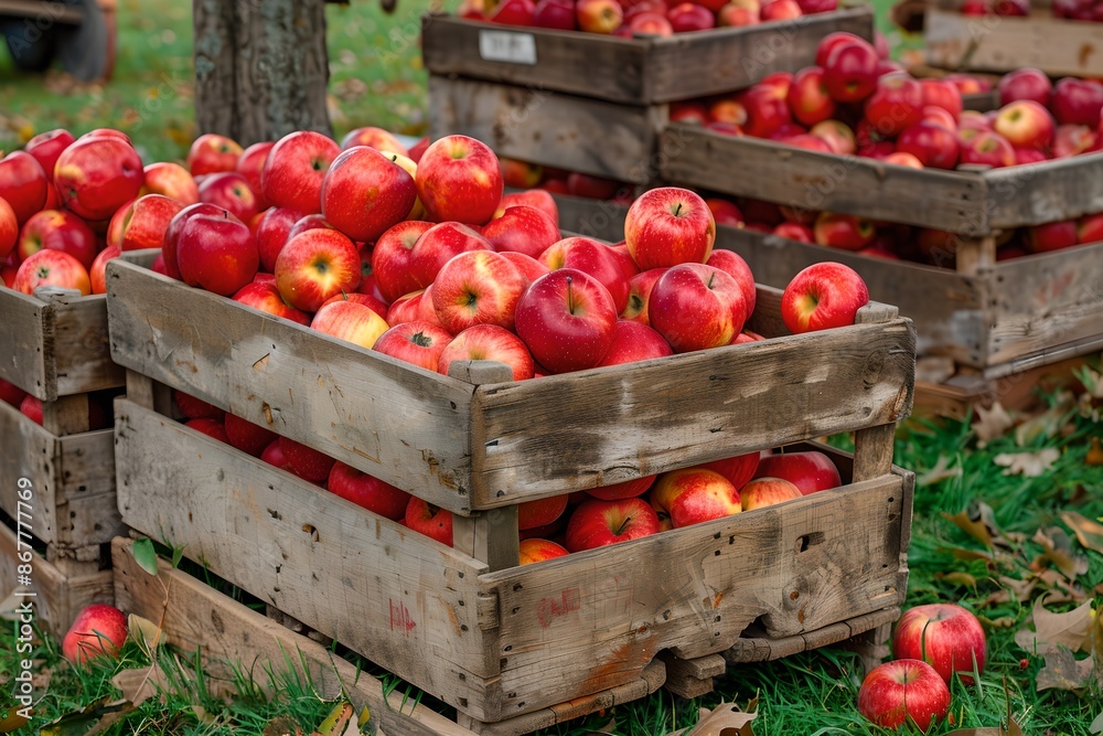 Wooden crates filled with fresh red apples on grass. Autumn harvest season. Organic farming produce concept. Horticulture and gardening Wooden crates filled with fresh red apples on grass. Autumn harvest season. Organic farming produce concept. Horticulture and gardening