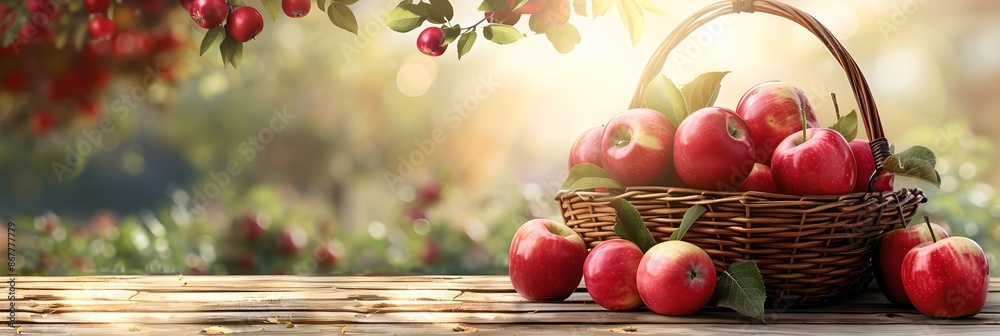 Fresh apples in basket on wooden table with sunlit orchard background. Autumn harvest season and farming concept. Banner, header with copy space. Fresh apples in basket on wooden table with sunlit orchard background. Autumn harvest season and farming concept. Banner, header with copy space.
