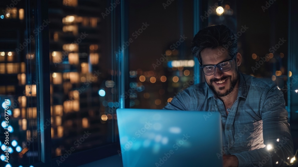 A man sits at his desk in a modern office, working on his laptop late at night. The city lights twinkle outside his window, illuminating the room in a soft glow A man sits at his desk in a modern office, working on his laptop late at night. The city lights twinkle outside his window, illuminating the room in a soft glow