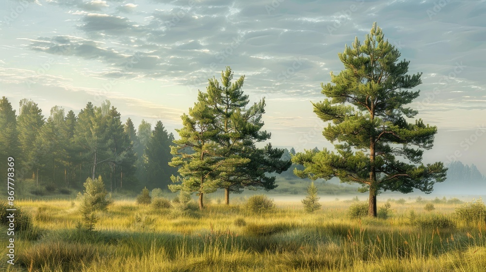 Morning rural scenery featuring aged pine trees in the field Morning rural scenery featuring aged pine trees in the field