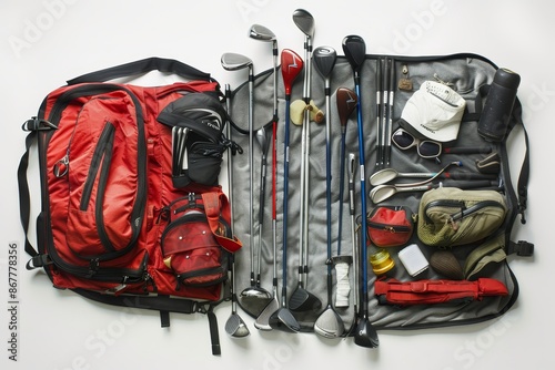 Tidy golf bag display with clubs, meticulous gear arrangement for summer sports event concept photo