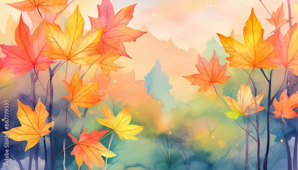 Abstract art autumn background with watercolor maple leaves. Watercolor hand-painted natural art perfect for design decorative in the autumn festival, header, banner, web