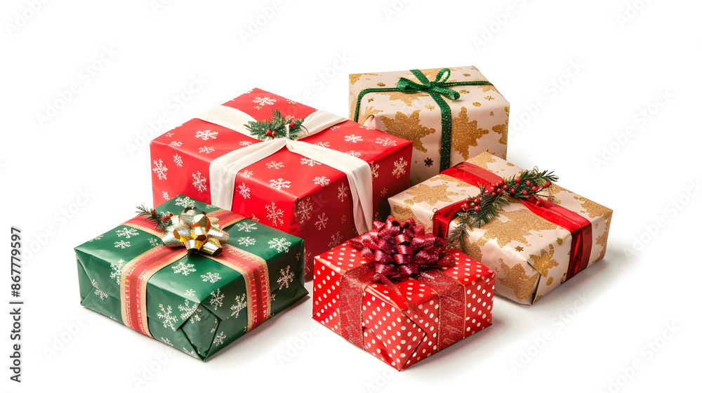 Obraz premium Five gift boxes wrapped in red, green, and gold festive paper with ribbons and bows, arranged neatly on a white background. Perfect for holiday celebrations and gift-giving.