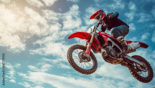 This dynamic image captures a motocross rider mid-jump on a red dirt bike against the backdrop of a blue sky, showcasing thrilling outdoor action and skill.