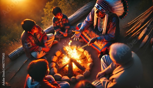 An elder Native American storyteller wearing traditional attire, sharing stories around a campfire with children