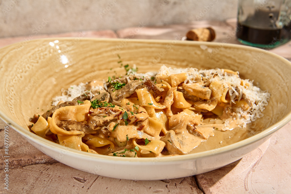 Creamy Beef and Mushroom Pasta in Sunlit Still Life with Natural Textures and Rustic Aesthetic