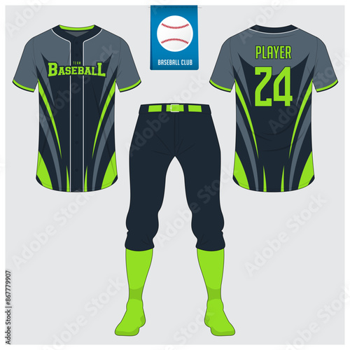 Baseball uniform or baseball jersey mock up. Sportswear, t-shirt sport, short, sock template. Front and back view baseball kit. Flat baseball logo on blue label. 