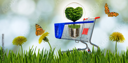 A Heart-Shaped Green Lightbulb In A Shopping Cart Surrounded By Dandelions And Butterflies
