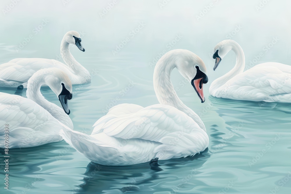 Obraz premium Captivate attention with the timeless elegance of cyber swans, evoking a sense of tranquility and artistry with copy space