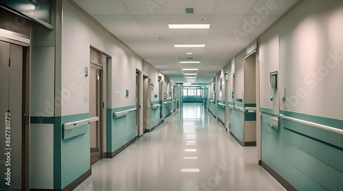 Empty Modern Hospital Corridor. Long hospital bright corridor with rooms and seats 3D rendering. Long Corridor in Hospital