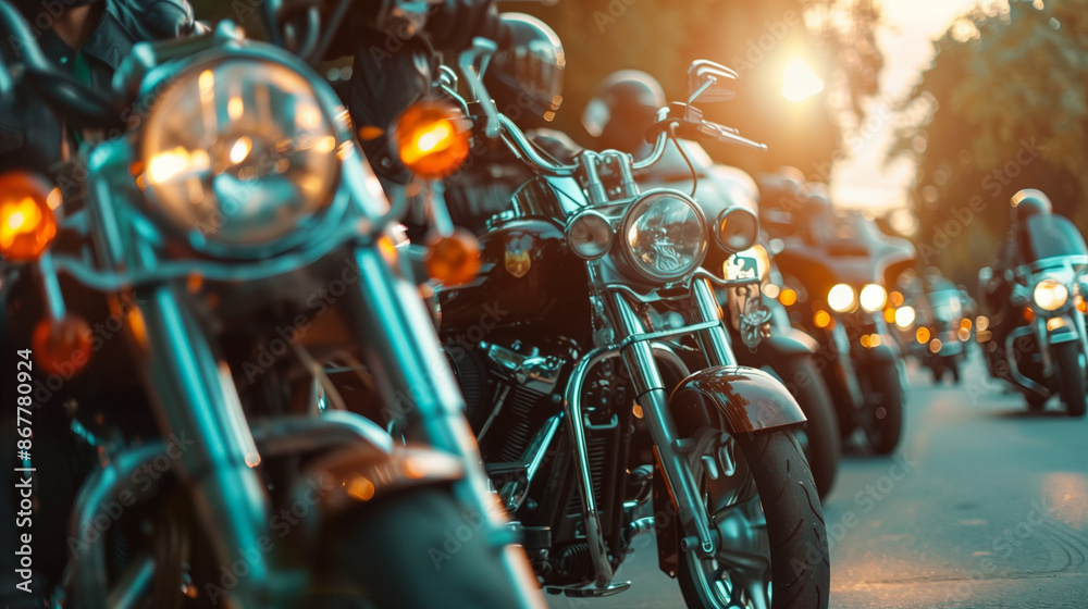 Fototapeta premium A group of bikers on their motorcycles, illuminated by headlights, gathers on a street at dusk. 