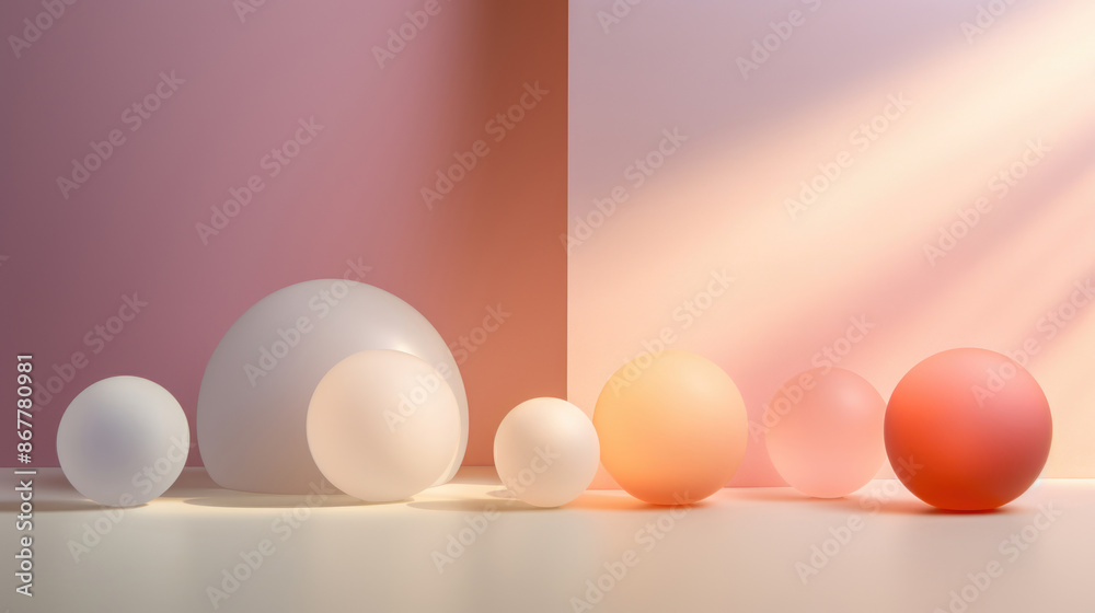 Fototapeta premium Abstract geometric composition with spheres and shadows on peach fuzz color background