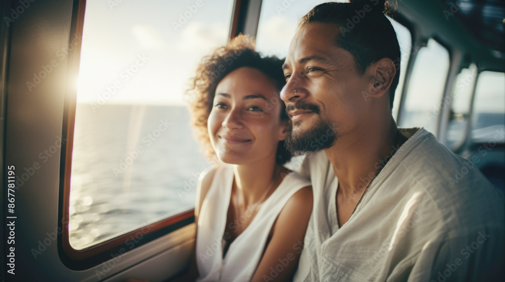 Young multiracial couple on cruise ship enjoying the ocean view, copy space Young multiracial couple on cruise ship enjoying the ocean view, copy space