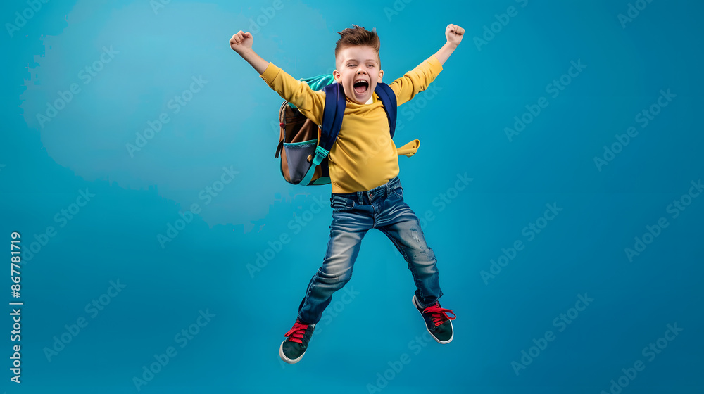 A joyful boy wearing a backpack and yellow sweater jumps with arms raised against a blue background. Perfect for themes of childhood, school, and energy, with ample copy space. A joyful boy wearing a backpack and yellow sweater jumps with arms raised against a blue background. Perfect for themes of childhood, school, and energy, with ample copy space.