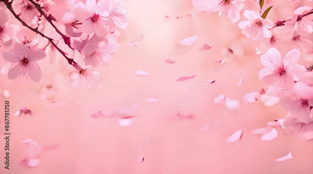 Cherry blossoms with falling petals on a soft pink background, creating a serene and romantic atmosphere Cherry blossoms with falling petals on a soft pink background, creating a serene and romantic atmosphere