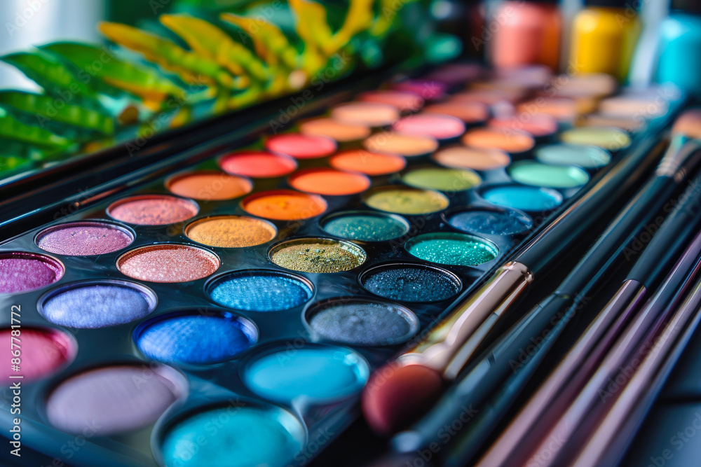 multi-colored bright professional eye shadows close-up. Set of various makeup products. multi-colored bright professional eye shadows close-up. Set of various makeup products.