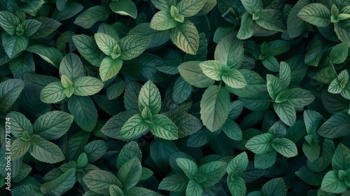 Mint leaves background. Green Peppermint leaves Pattern layout design Top view. Spermint plant growing  photo