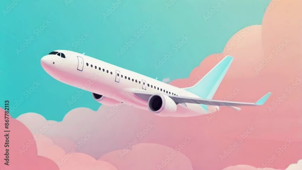 Animated illustration footage of a flat illustration of an airplane flying through the clouds on pastel background. Concept of travelling, vacation. AI generated