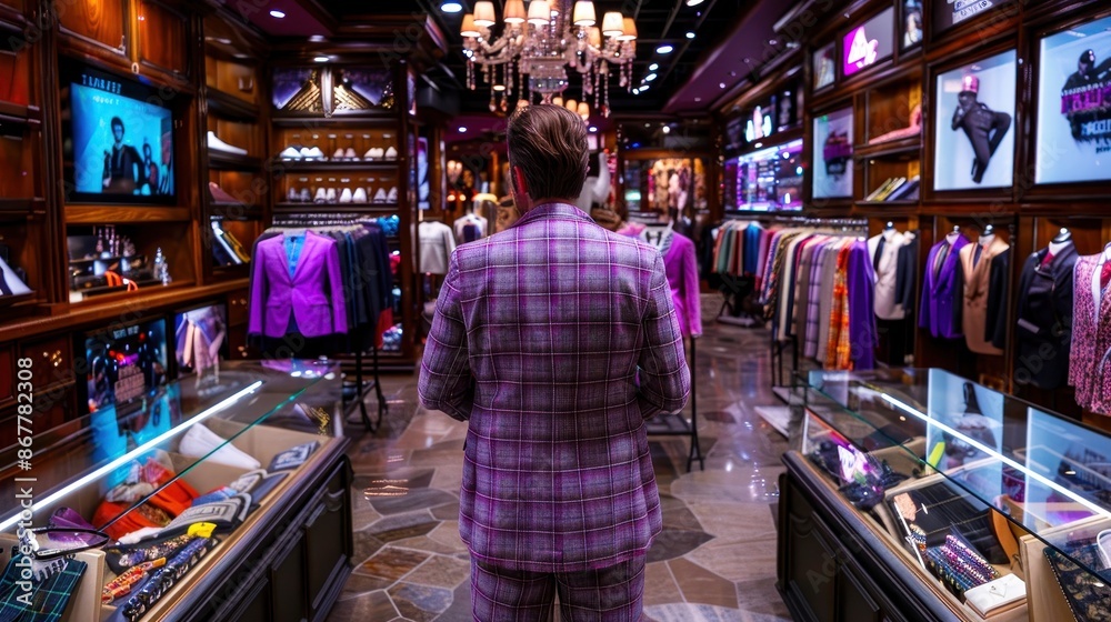 Man in a stylish suit shopping in a luxury boutique, surrounded by elegant clothing and vibrant lighting. Man in a stylish suit shopping in a luxury boutique, surrounded by elegant clothing and vibrant lighting.