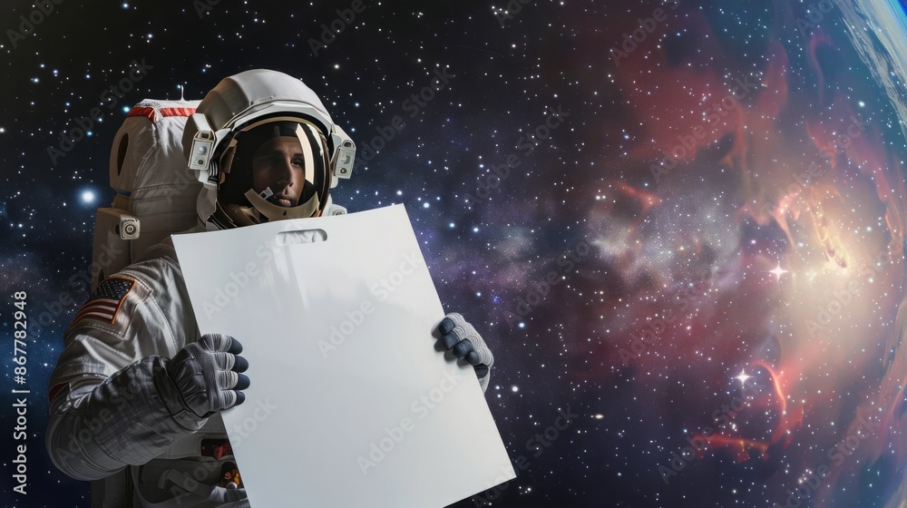 Obraz premium Galactic Ad Venture: Portrait of an Astronaut in Outer Space with a White Mockup Flat Bag for an Out-of-this-World Advertisement
