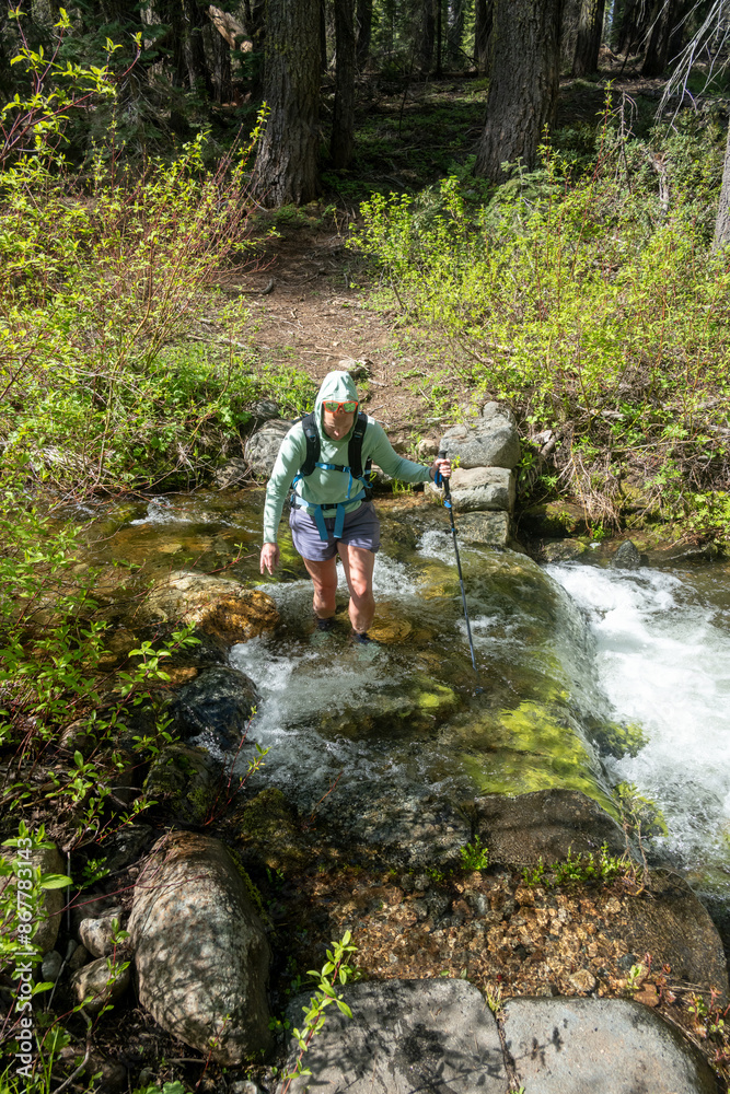 Obraz premium Woman Crosses Rushing Shin Deep Water in Creek