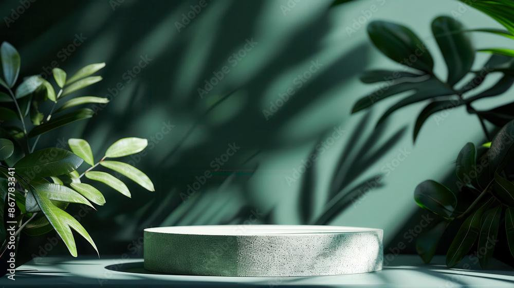 Close-up of an empty light green podium with soft lighting and shadows, against a dark background. In front of it there is a subtle shadow cast by the plants, which adds depth to the scene. Close-up of an empty light green podium with soft lighting and shadows, against a dark background. In front of it there is a subtle shadow cast by the plants, which adds depth to the scene.