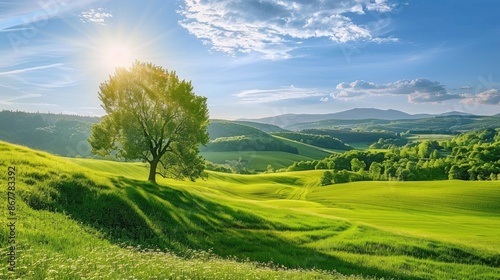 Vibrant green landscapes of springtime rural scenery sunny day wide view